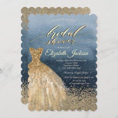 Elegant Gold Diamonds Dress Blue Bridal Shower Invitations