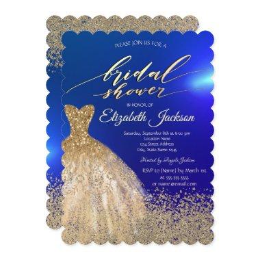 Elegant Gold Diamonds Dress Blue Bridal Shower  Invitations