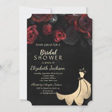 Elegant Gold Dress Red Roses Black Bridal Shower Invitations