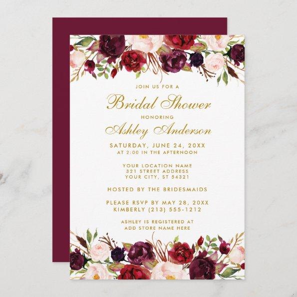 Elegant Gold Floral Burgundy Bridal Shower Invitations