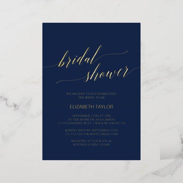 Elegant Gold Foil Calligraphy | Navy Bridal Shower Foil Invitations