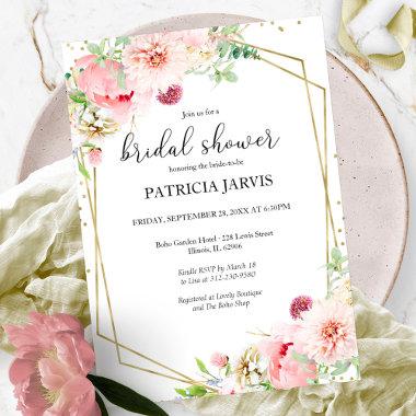 Elegant Gold Foil Floral Geometric Bridal Shower Invitations