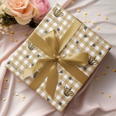 Elegant Gold Gingham Royal Queen Bee Pattern Wrapping Paper
