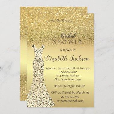 Elegant Gold Glitter Bokeh , Dress Bridal Shower Invitations
