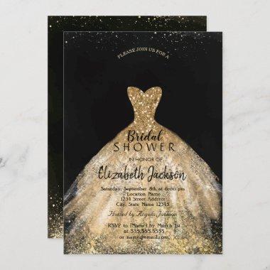 Elegant Gold Glitter Dress, Bridal Shower Invitations