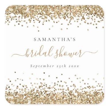 Elegant Gold Glitter Name Date Bridal Shower Square Sticker