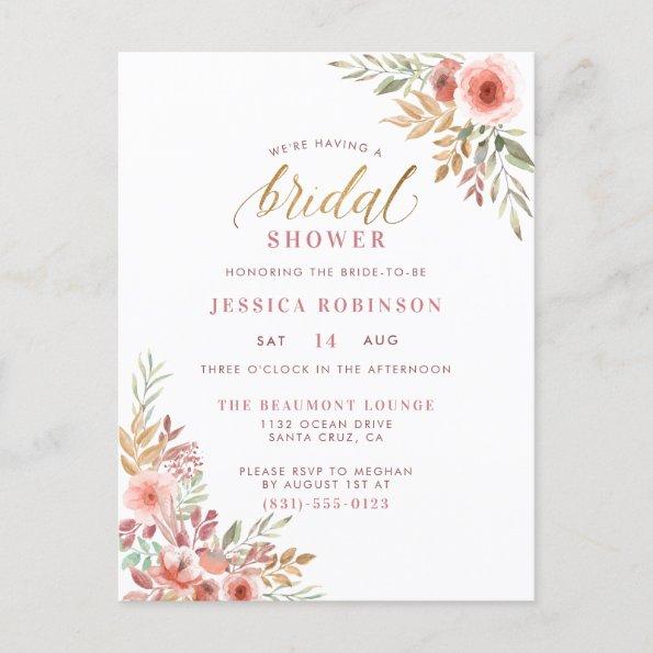 Elegant Gold Glitter Script Floral Bridal Shower Invitation PostInvitations