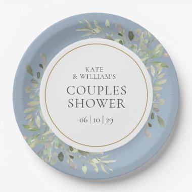 Elegant Gold Greenery Dusty Blue Couples Shower Paper Plates