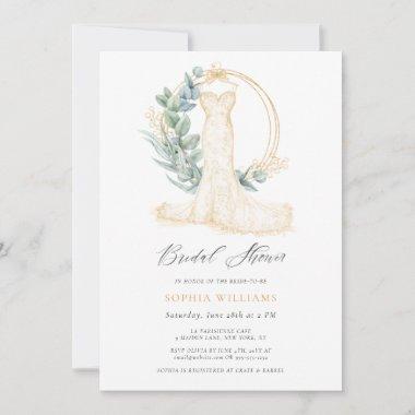 Elegant Gold Greenery Wedding Dress Bridal Shower Invitations