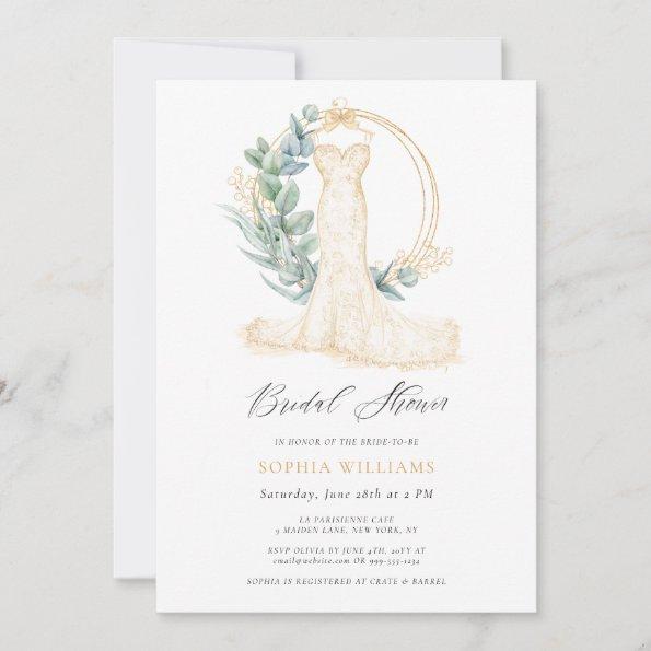 Elegant Gold Greenery Wedding Dress Bridal Shower Invitations