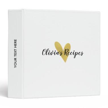 Elegant Gold Heart | White Recipe Binder Book