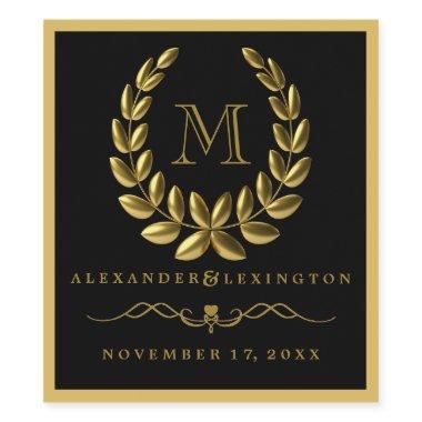 Elegant Gold Laurel Wreath and Monogram Wedding Wine Label