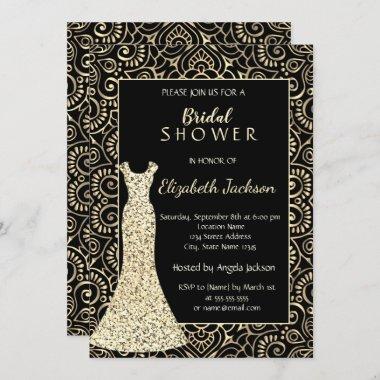 Elegant Gold Mandala,Glitter Dress Bridal Shower Invitations