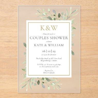 Elegant Gold Monogram Greenery Couples Shower Acrylic