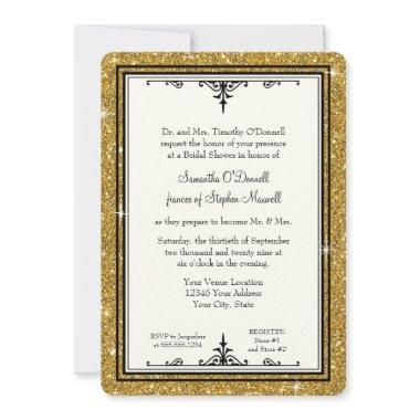 Elegant Gold n Black Vintage Script Bridal Shower Invitations