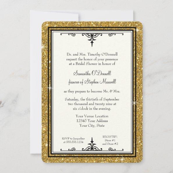 Elegant Gold n Black Vintage Script Bridal Shower Invitations