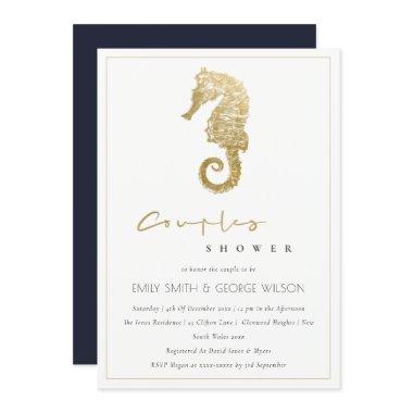 ELEGANT GOLD NAVY SEAHORSE COUPLES SHOWER INVITE