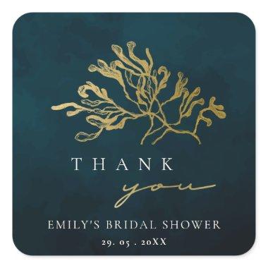 ELEGANT GOLD NAVY UNDERWATER SEAWEED BRIDAL SHOWER SQUARE STICKER