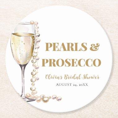Elegant Gold Pearls and Prosecco Bridal Shower Round Paper Coaster