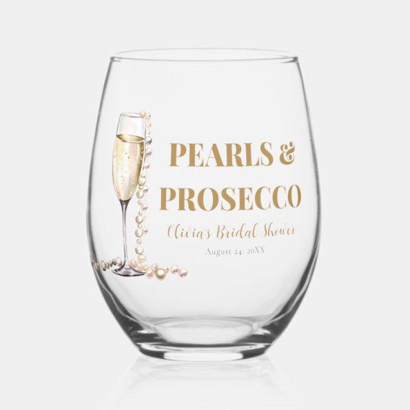 Elegant Gold Pearls and Prosecco Bridal Shower Stemless Wine Glass