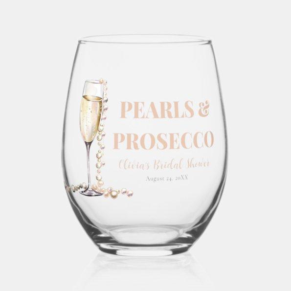 Elegant Gold Pearls and Prosecco Bridal Shower Stemless Wine Glass