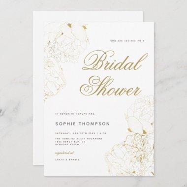 Elegant Gold Peonies Floral Sketch Bridal Shower Invitations