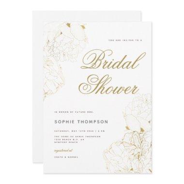 Elegant Gold Peonies Floral Sketch Bridal Shower Invitations