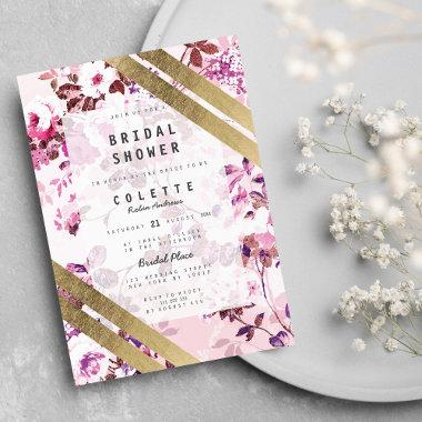 Elegant Gold Pink Floral Striped Bridal Shower Invitations