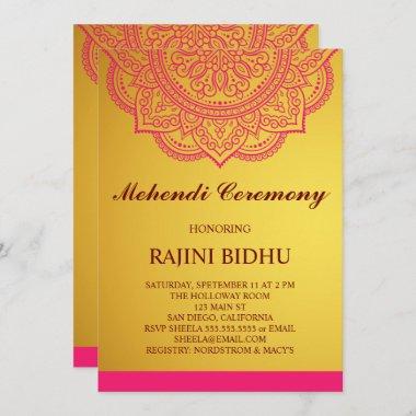 Elegant Gold Pink Paisley Indian Mehndi Ceremony Invitations