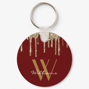 Elegant Gold Red Glitter Drips Monogram Name Keychain