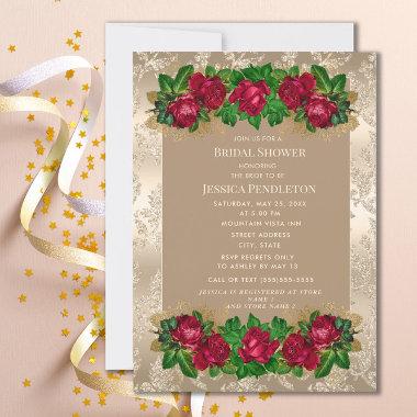 Elegant Gold Red Roses Vintage Bridal Shower Invitations