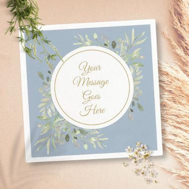 Elegant Gold Script Dusty Blue Greenery Napkins