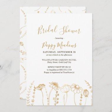 Elegant Gold Sketch Wildflower Bridal Shower Invitations