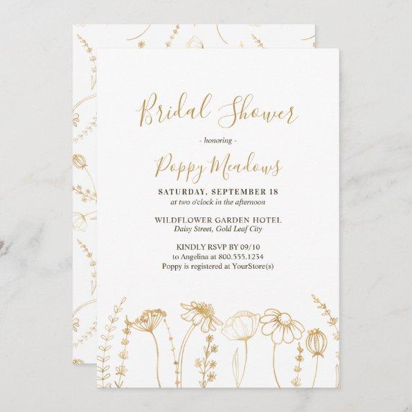 Elegant Gold Sketch Wildflower Bridal Shower Invitations