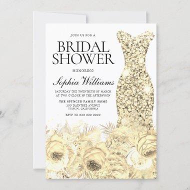 Elegant Gold Sparkle Dress & Floral Bridal Shower Invitations