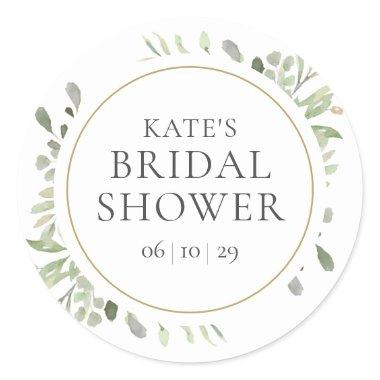 Elegant Gold Watercolour Greenery Bridal Shower Classic Round Sticker