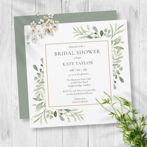 Elegant Gold Watercolour Greenery Bridal Shower Invitations