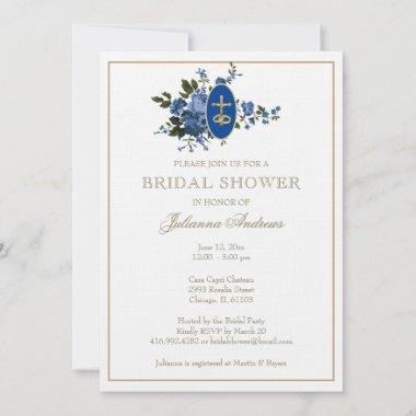 Elegant Golden Catholic Bridal Shower Blue Flowers Invitations