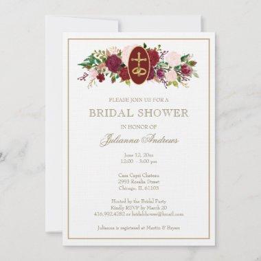 Elegant Golden Catholic Bridal Shower Roses Invitations