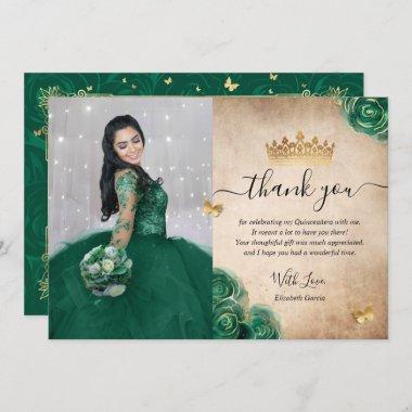 Elegant Green and Gold Quinceañera Photo Birthday Thank You Invitations