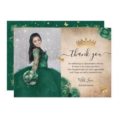 Elegant Green and Gold Quinceañera Photo Birthday Thank You Invitations