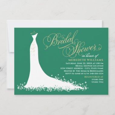 Elegant Green and Gold Wedding Gown Bridal Shower Invitations
