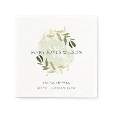 ELEGANT GREEN GOLD FOLIAGE WREATH BRIDAL SHOWER NAPKINS