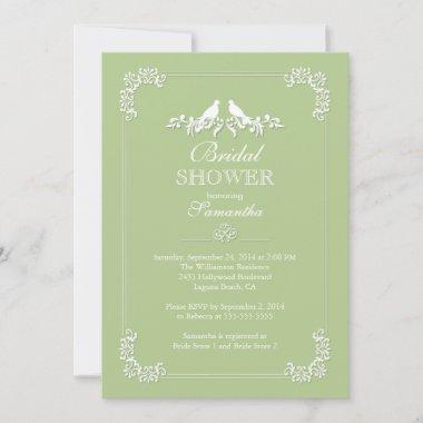 Elegant Green Love Birds Bridal Shower Invitations