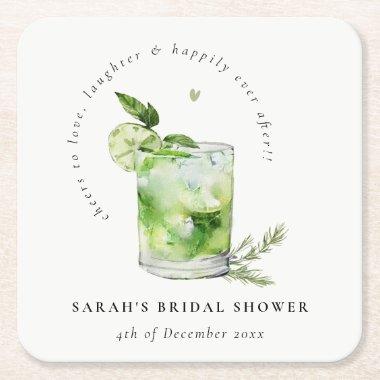 Elegant Green Margarita Cocktail Bridal Shower Square Paper Coaster