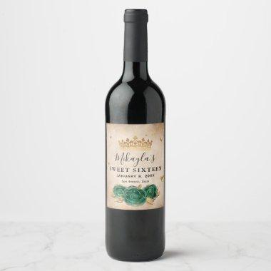 Elegant Green Rose and Gold Crown Parchment Paper Wine Label