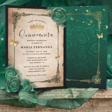 Elegant Green Rose Gold Black Quinceanera Invitations