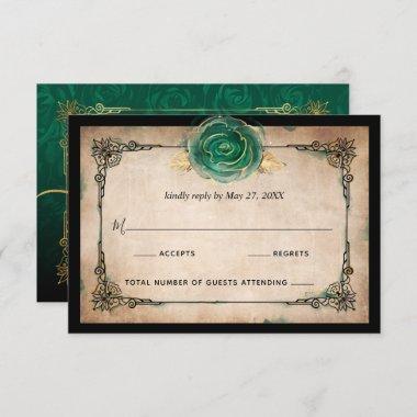 Elegant Green Rose Gold Black Watercolor Wedding RSVP Card