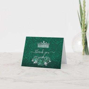 Elegant Green Rose Silver Crown Watercolor Folded Thank You Invitations