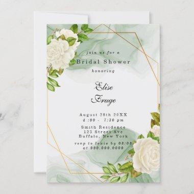 Elegant Green Watercolor White Roses Bridal Shower Invitations